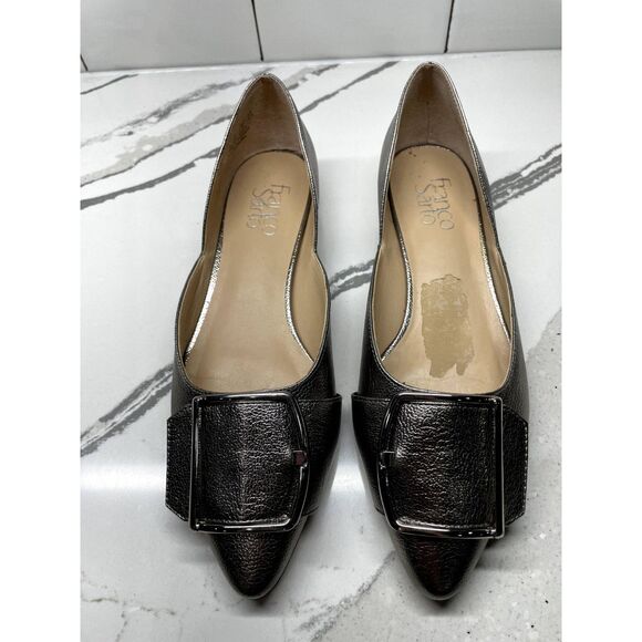 Franco Sarto Silver Metallic Pointed Buckle Dress Flats Shoes, Slight Heal, 7.5 - Picture 1 of 9